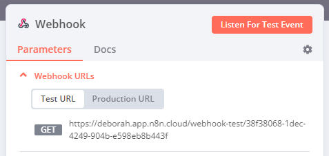 Sample Webhook URLs in the Webhook node's Parameters tab display a Test URL and Production URL